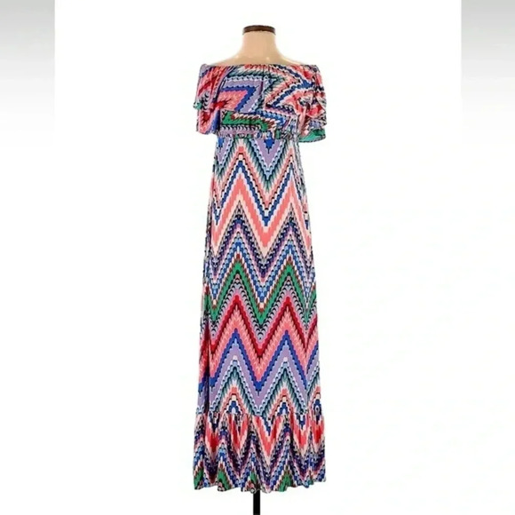 T-Bags Los Angeles Off The Shoulders Chevron Dress Midi Maxi Ruffle Size Small S - Picture 1 of 5